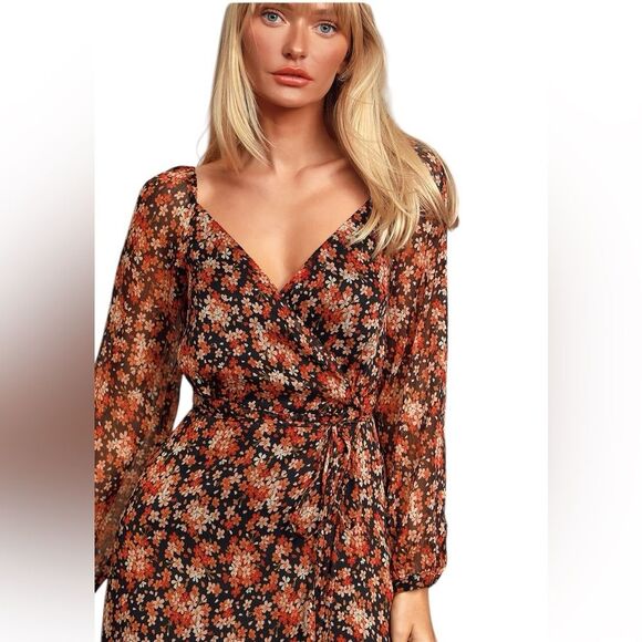 LuLus True To Love Chiffon Wrap Maxi Dress Black Floral Fairy Dark Romantic Chic - Picture 4 of 16